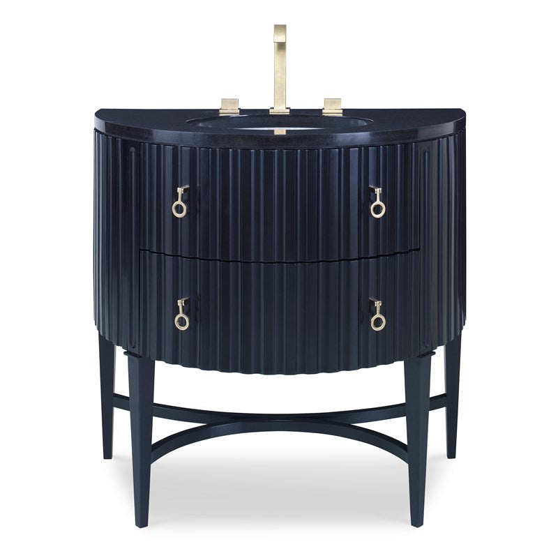 Atlas Sink Chest, shown in navy blue and black with painted wood, stone, and integrated undermount oval sink.
