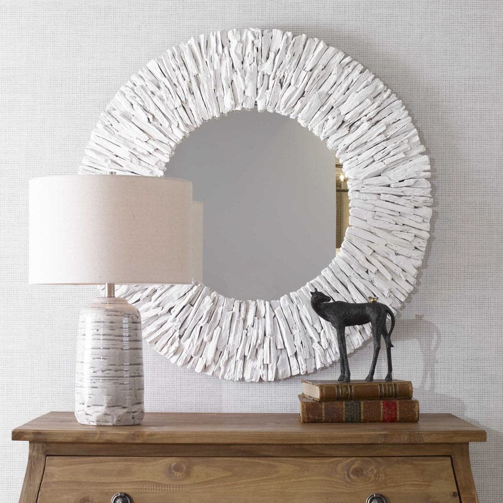 Additional view of Teak Branch White Round Mirror in white and off-white, featuring wall-mounting hardware implied.