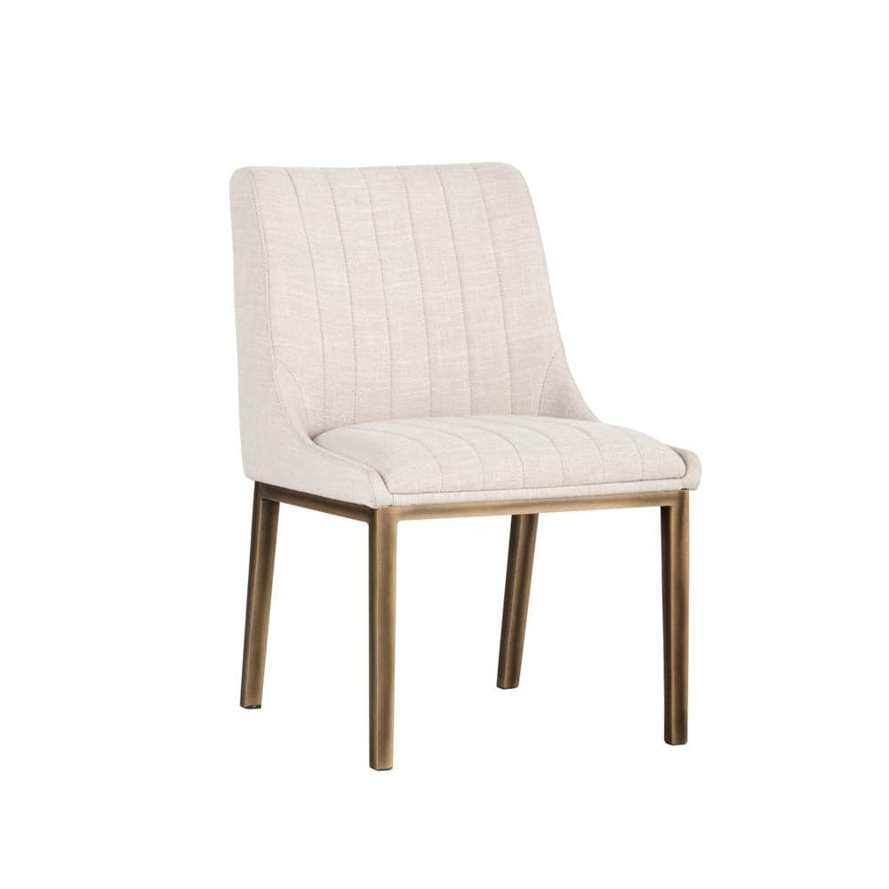 Halden Dining Chair, shown in beige and cream with textured upholstery, metal, and armless.