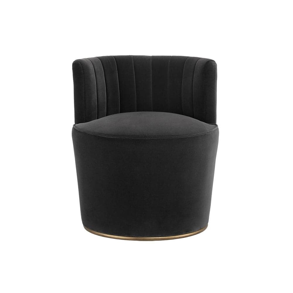 August Chair, shown in black with velvet, metal, and a swivel base.