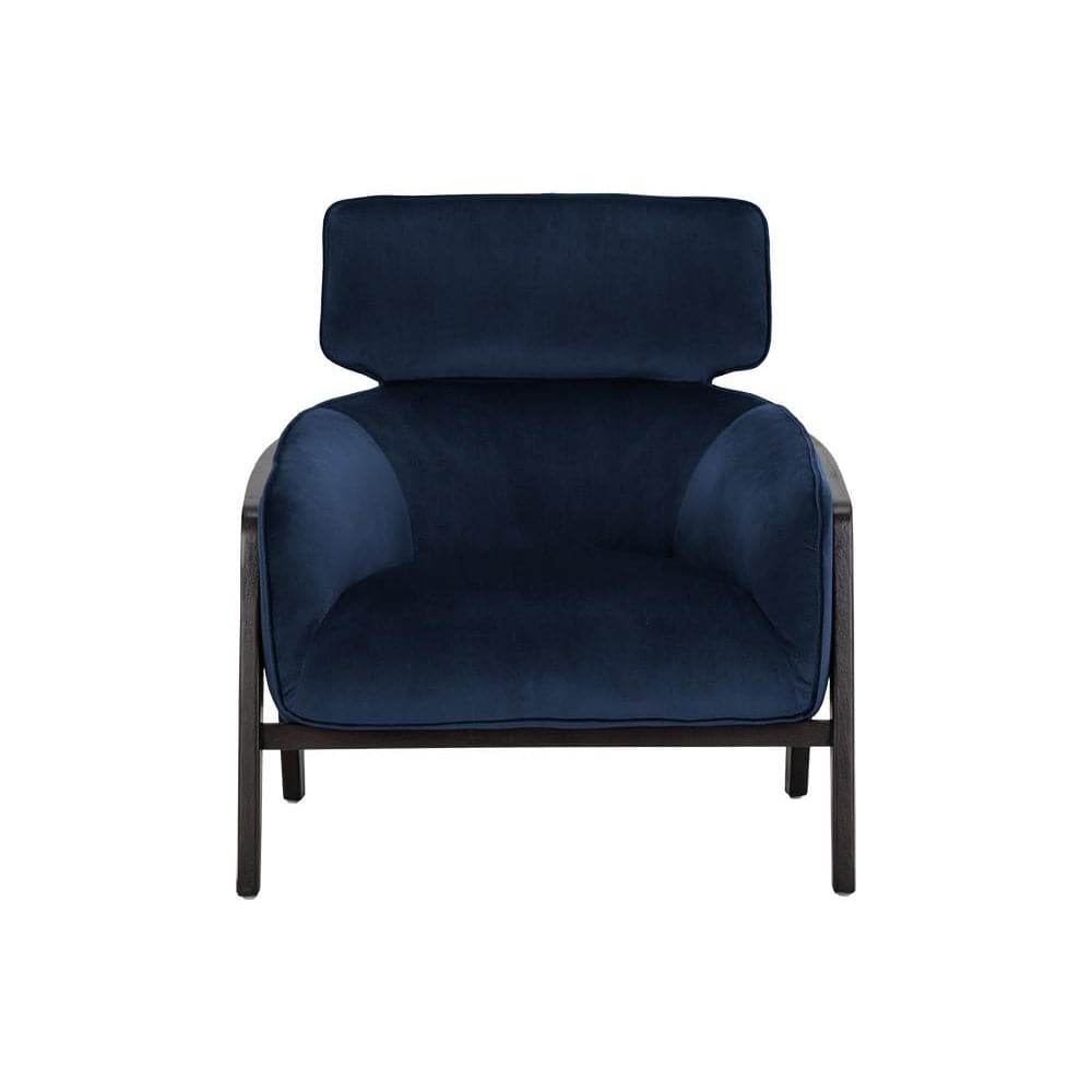 Maximus Armchair, shown in navy blue with velvet upholstery, wood frame, and fixed arms.