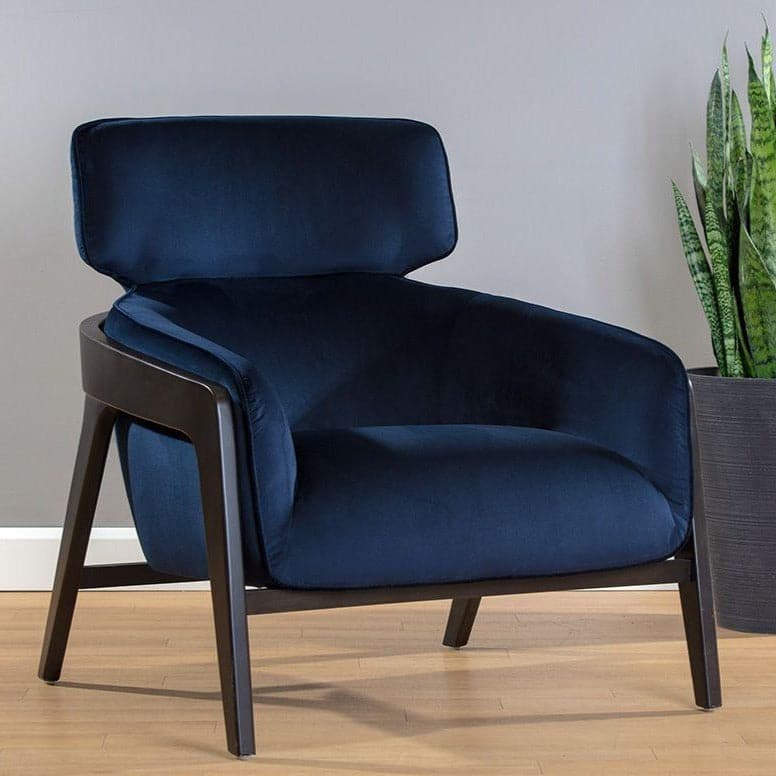 Additional view of Maximus Armchair in navy blue and dark espresso brown, featuring fixed arms.