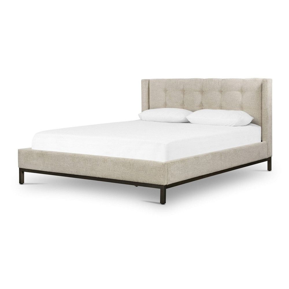 Additional view of Newton Bed in beige and oatmeal, featuring soft upholstered and tall winged headboard.