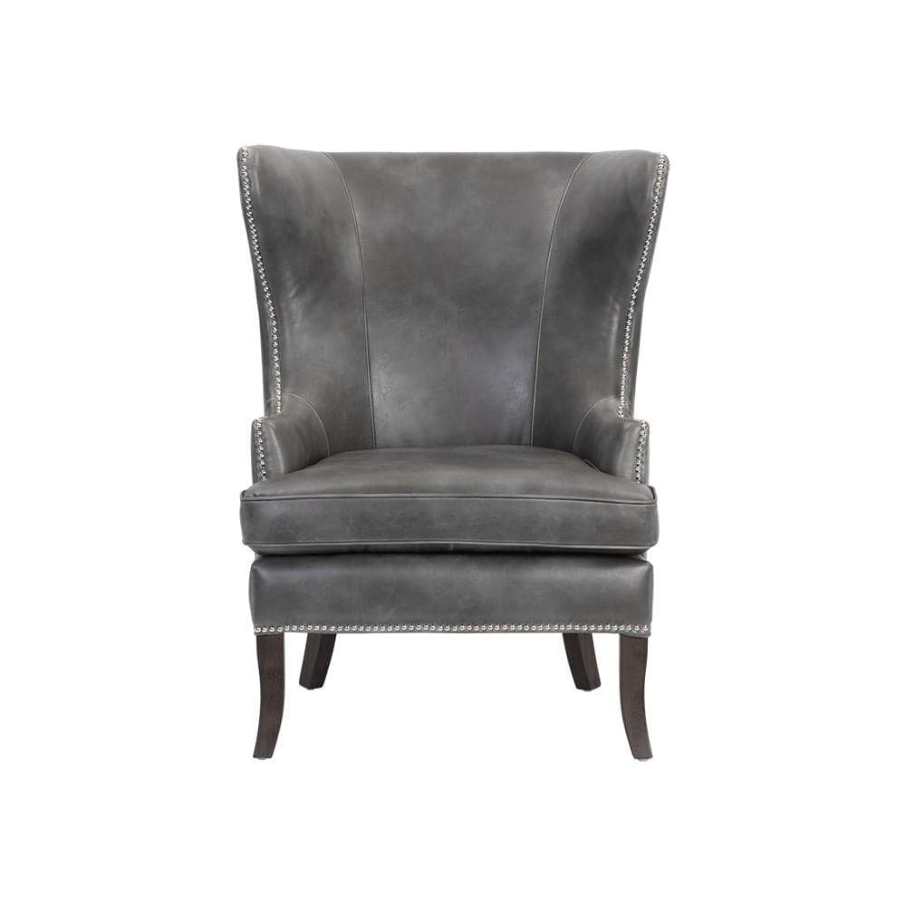 Royalton Lounge Chair, shown in gray with vegan leather, wood, and fixed arms.