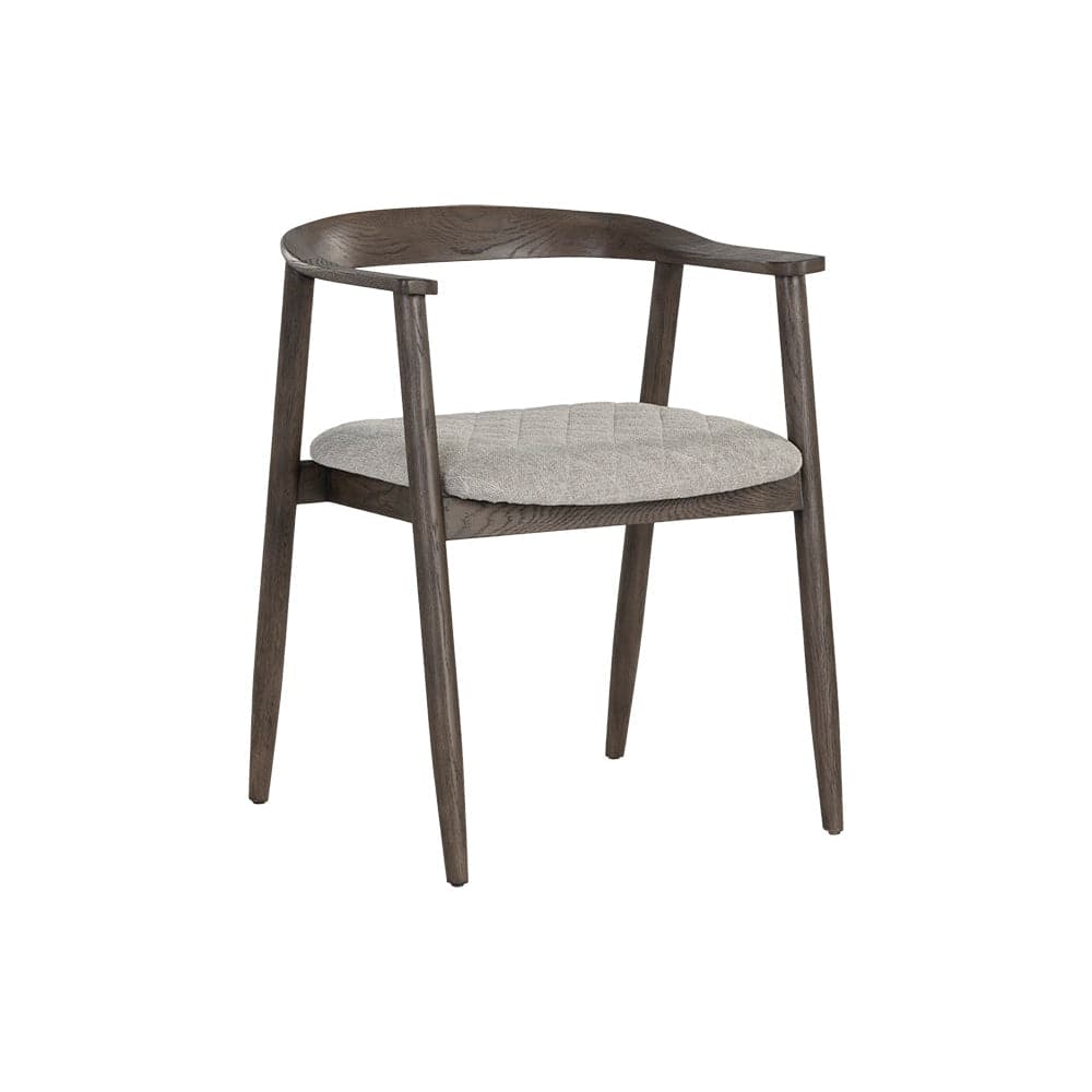 Jeremy Dining Armchair, shown in dark brown and light oak with acacia wood, fabric, and integrated armrests.