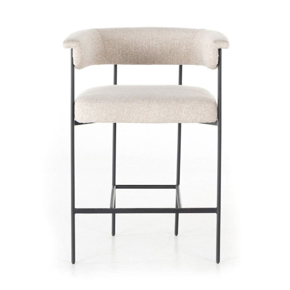 Soraya Counter Stool, shown in light camel and black with fabric, metal, and integrated low footrest stretcher.
