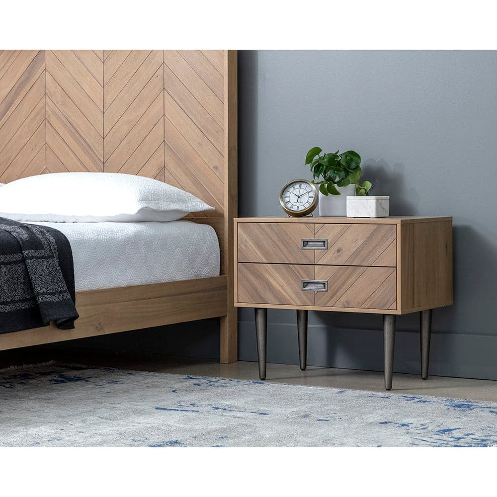 Additional view of Greyson Nightstand, featuring chevron veneer pattern, wood, metal, and two stacked full-width drawers.