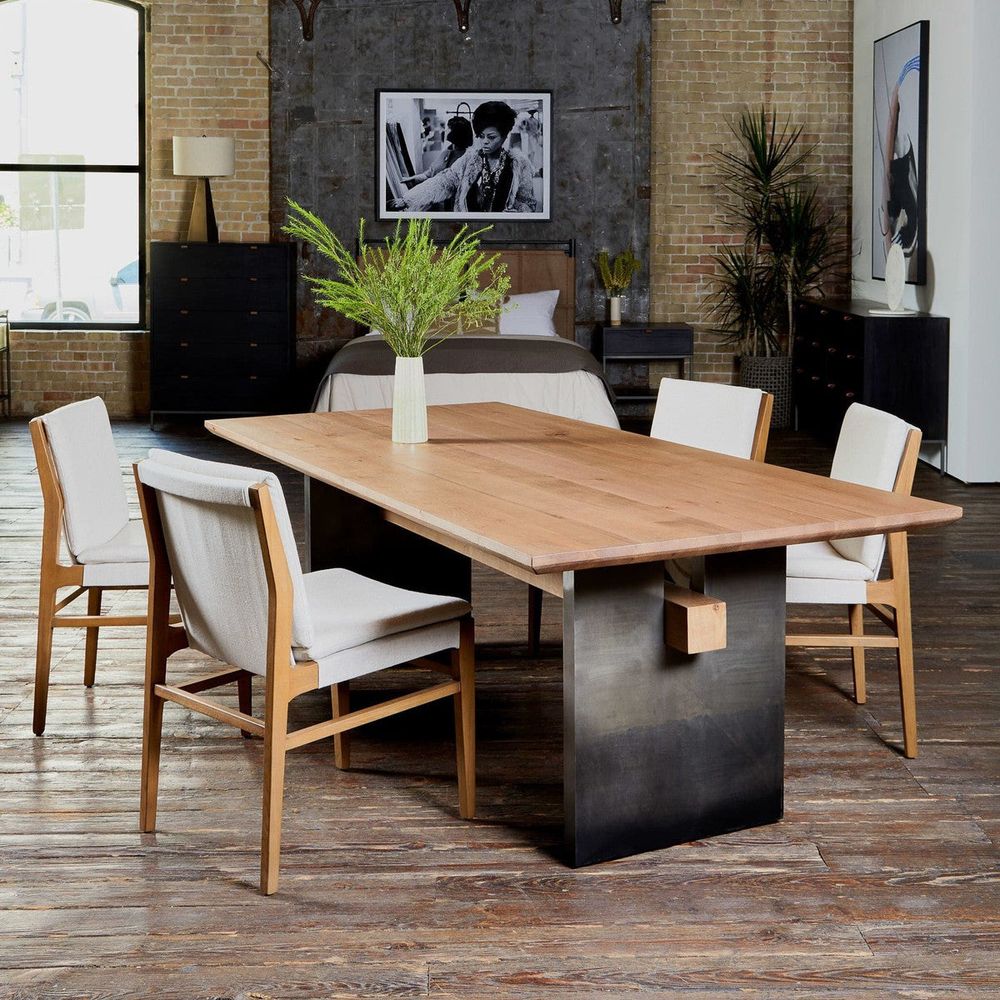 Additional view of Nia Dining Chair in beige and medium brown, featuring armless open sides.