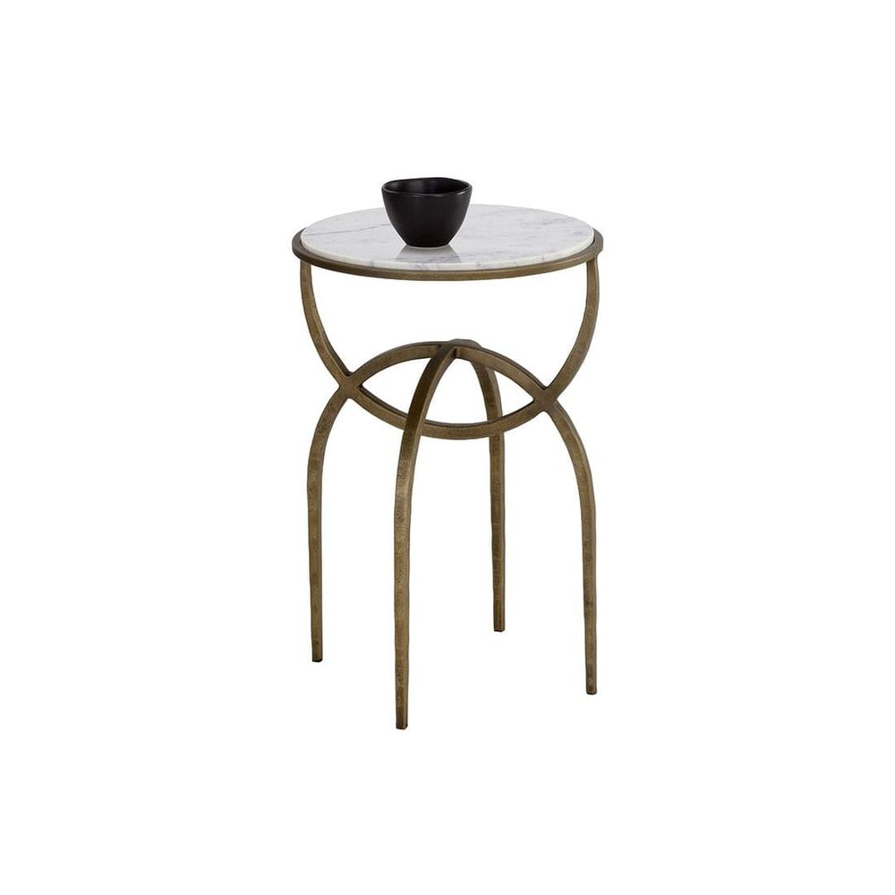 Alicent End Table, shown in white and antique brass with marble, iron, and round flat tabletop.