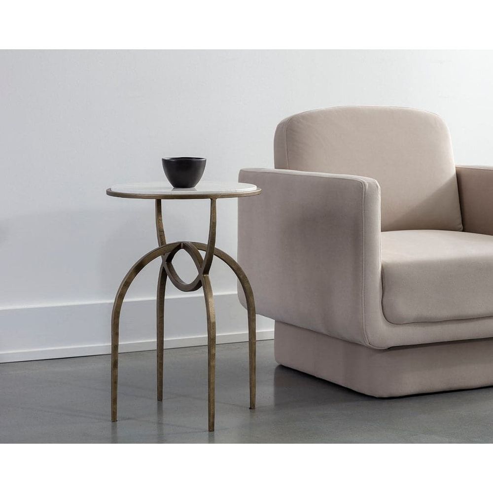Additional view of Alicent End Table in white and antique brass, featuring polished stone finish and round flat tabletop.