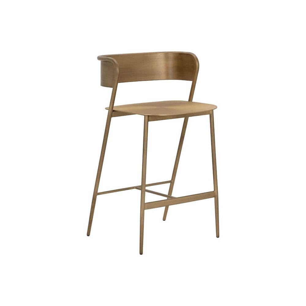 Keanu Counter Stool, shown in brass and antique gold with metal, steel, and integrated curved backrest.