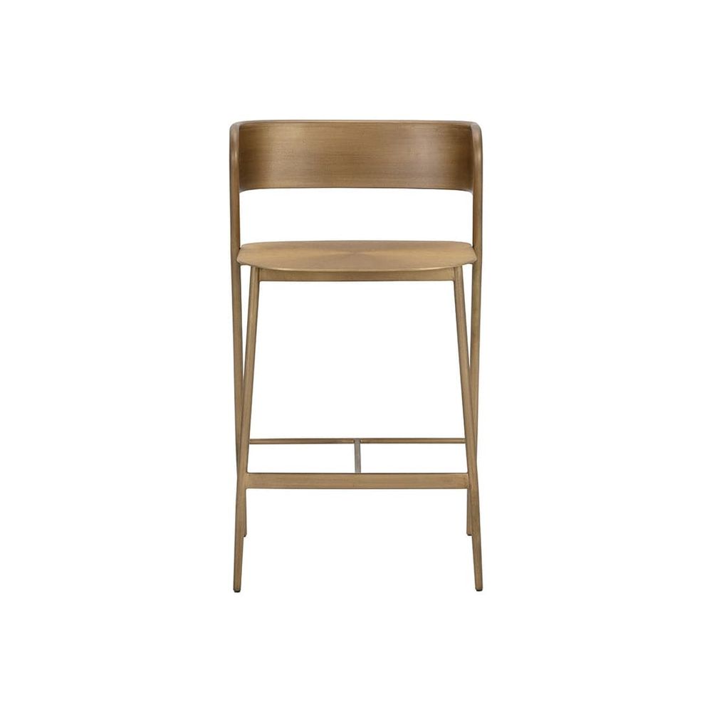 Additional view of Keanu Counter Stool in brass and antique gold, featuring brushed finish and integrated curved backrest.