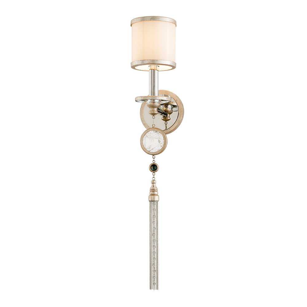 Bliss Wall Sconce, shown in warm silver and ivory with metal, fabric shade, and a wall-mounting backplate.