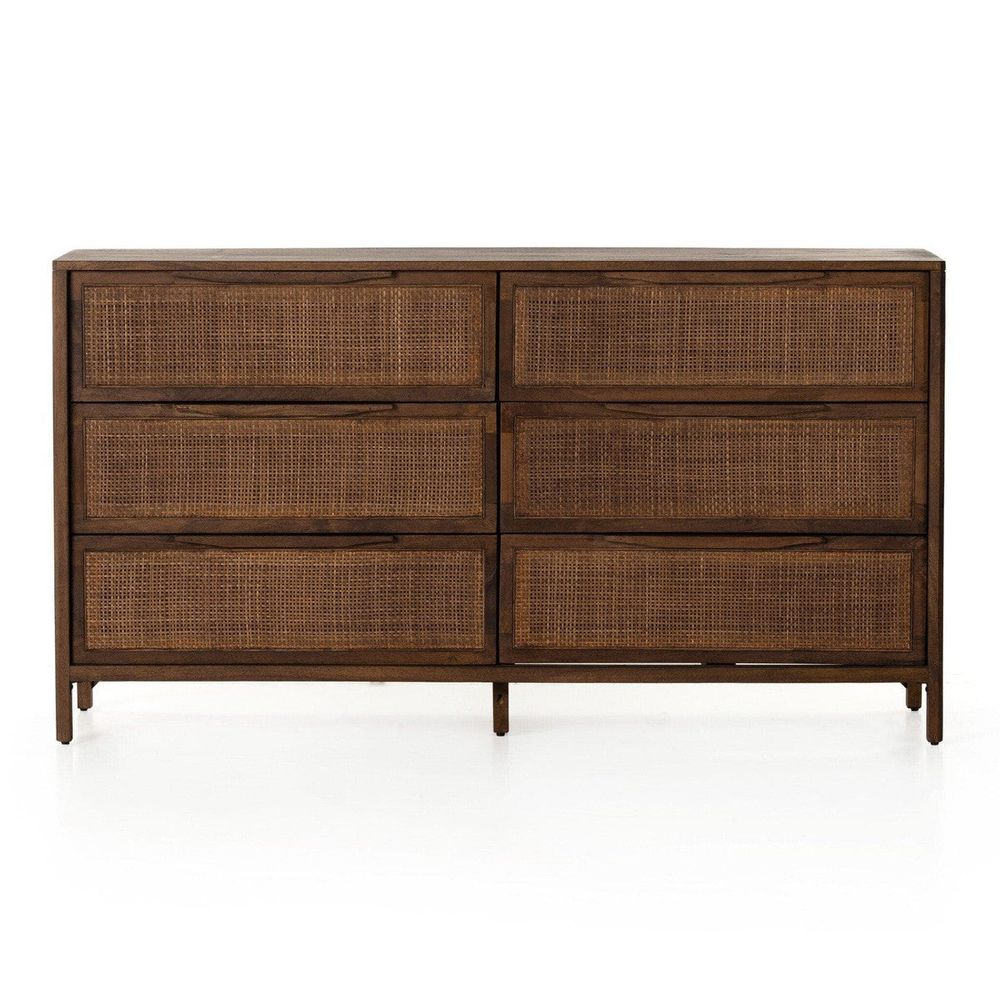 Loraine 6 Drawer Dresser, shown in medium brown and warm amber-brown with mango wood and cane rattan.
