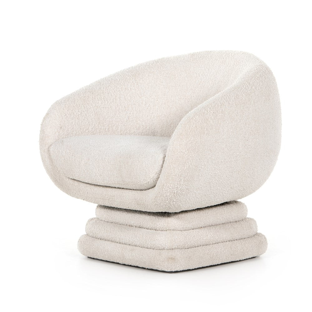 Daisy Swivel Chair, shown in ivory and off-white with bouclé fabric, upholstered foam, and a swivel base.