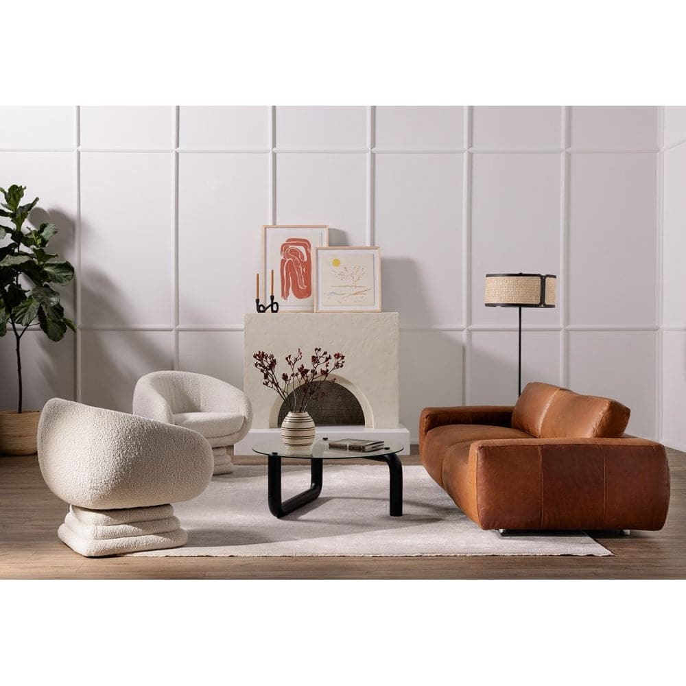 Additional view of Daisy Swivel Chair in ivory and off-white, featuring matte soft pile and a swivel base.