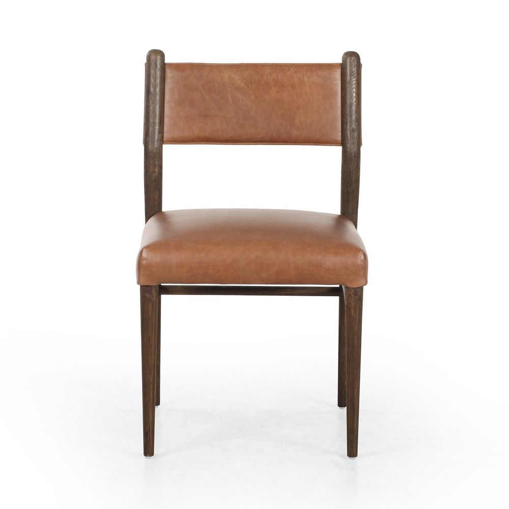 Morena Dining Chair, shown in cognac brown and dark walnut brown with leather, wood, and fixed frame.
