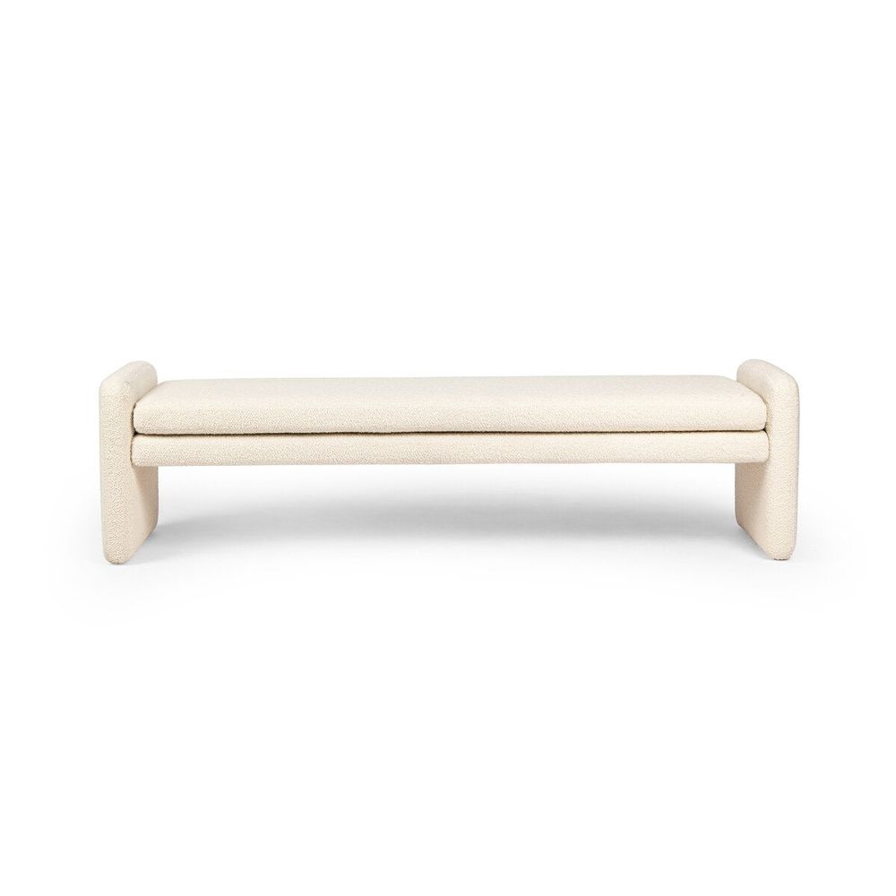 Bram Accent Bench, shown in cream and off-white with bouclé fabric, upholstery foam, and fixed low arm ends.