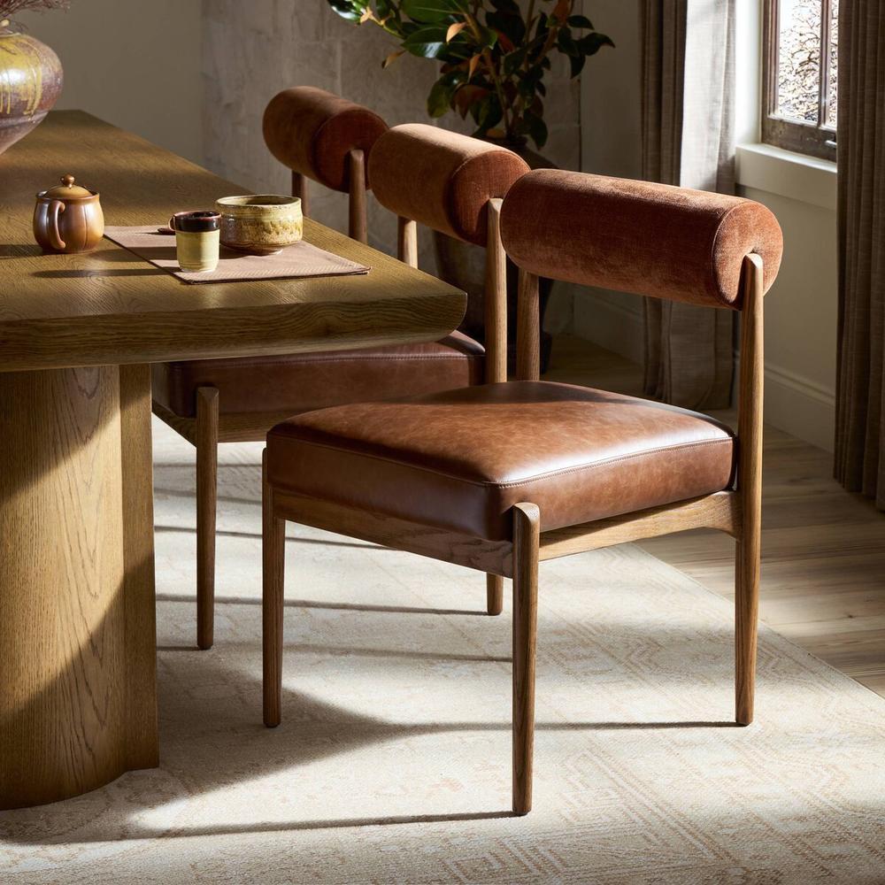 Additional view of Jazelle Dining Chair in cognac brown and medium oak, featuring plush velvet finish and armless open sides.
