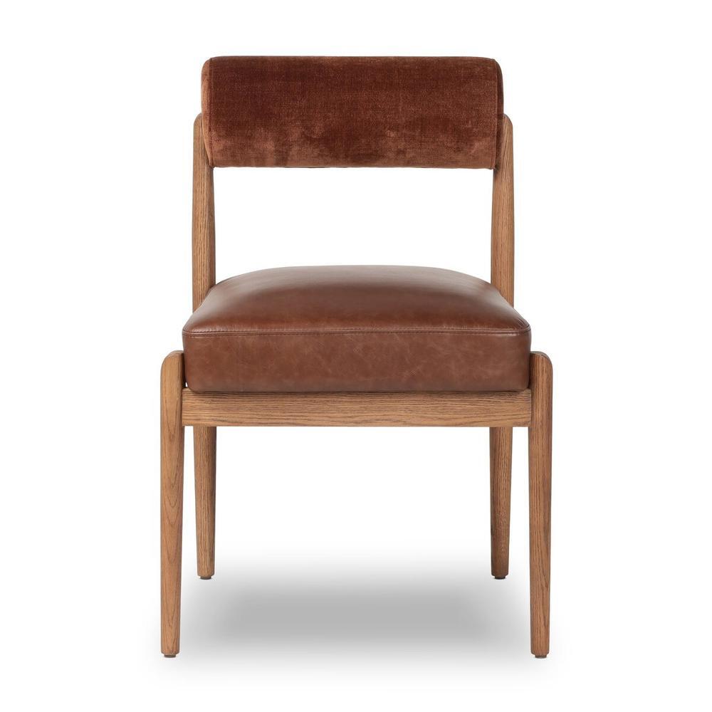 Jazelle Dining Chair, shown in cognac brown and medium oak with leather, wood, and armless open sides.