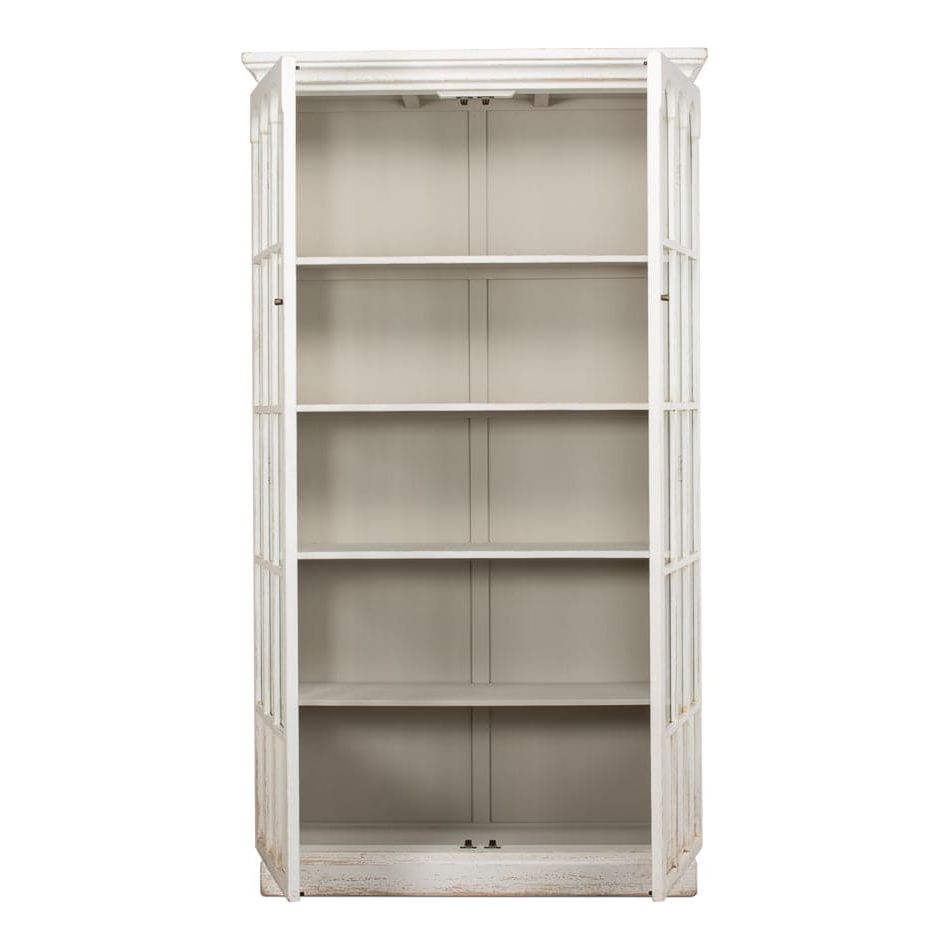 Additional view of Glass Bookcase Whitewash in white and off-white, featuring whitewashed and double glass-paneled doors.