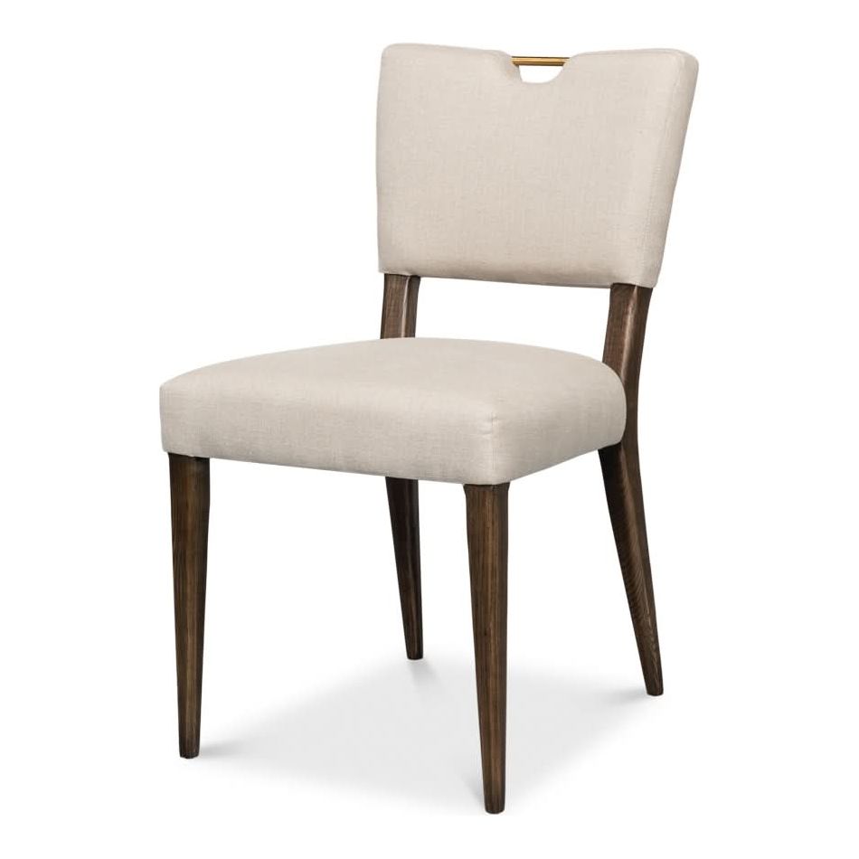 Additional view of Landon Side Chair in beige and dark brown, featuring brushed metal accent and armless.