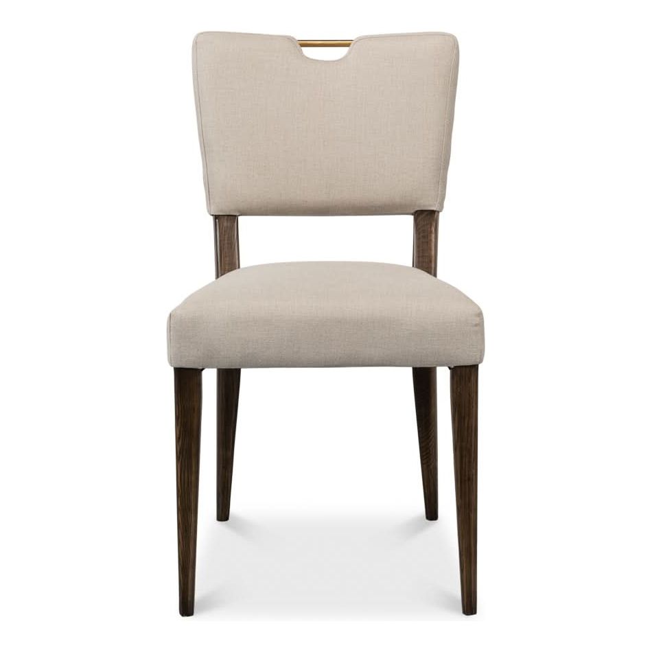 Landon Side Chair, shown in beige and dark brown with linen fabric, wood, and armless.