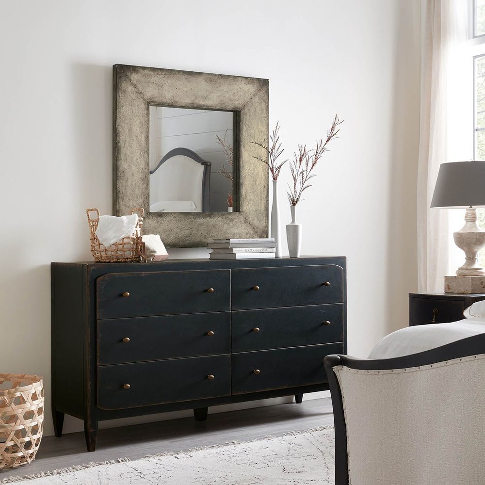 Additional view of Ciao Bella Six-Drawer Dresser- Black in black and charcoal, featuring distressed paint and six drawers.