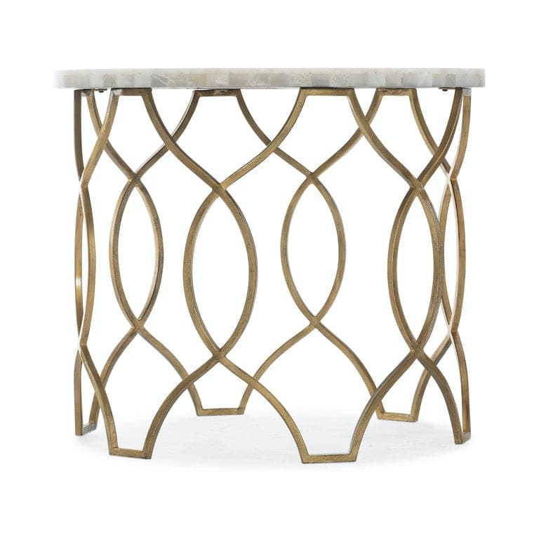 Cleo Round Lamp Table, shown in ivory white and antique gold with marble, metal, and round freestanding tabletop.
