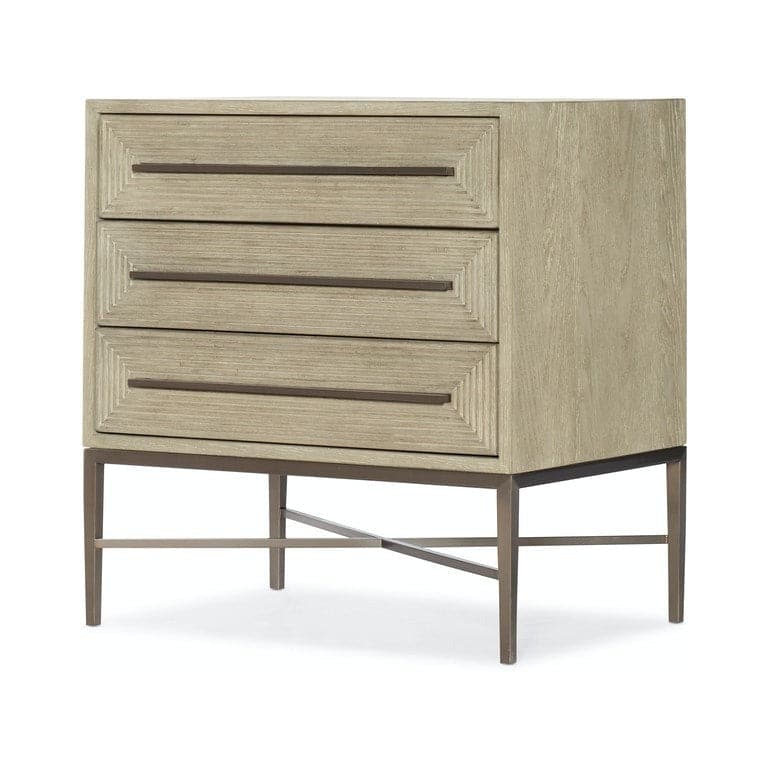 Alternate view of Cascade Three-Drawer Nightstand, featuring matte finish, wood, metal, and three stacked drawers.