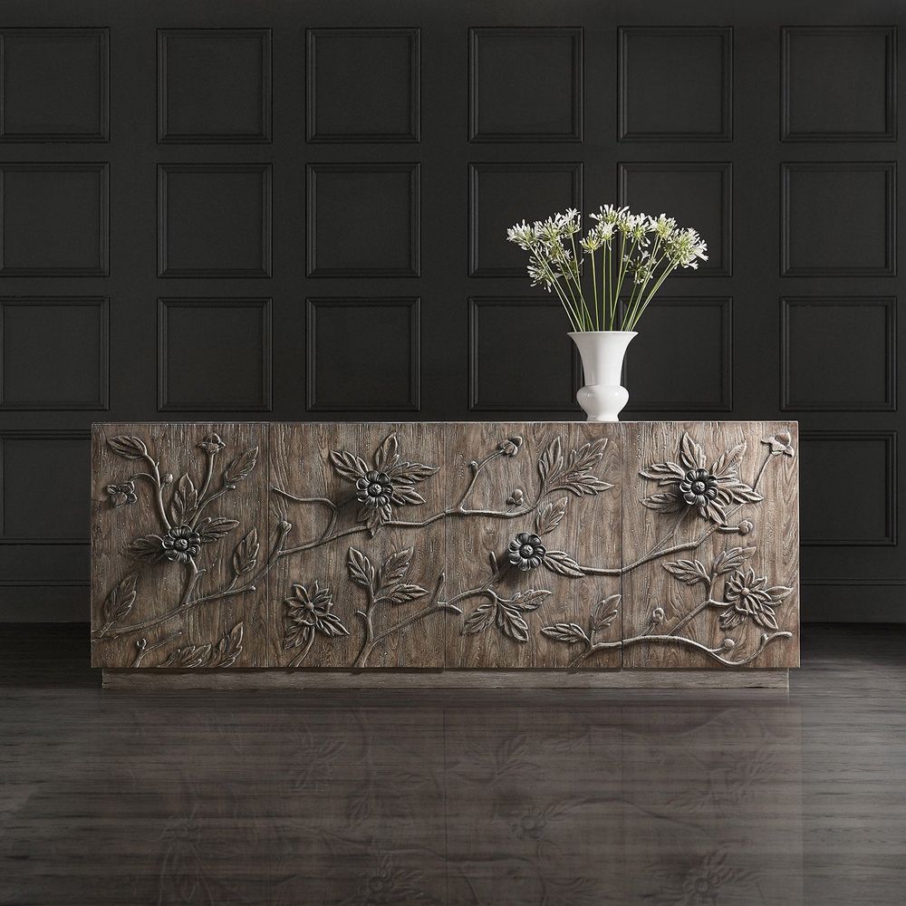 Additional view of Florence Four Door Credenza, featuring distressed, wood, resin, and four-door cabinet storage.