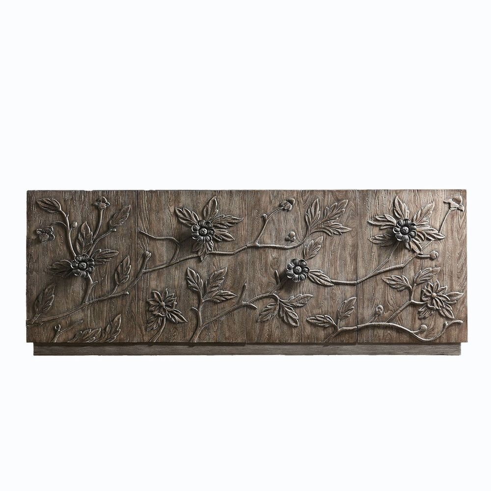 Florence Four Door Credenza, shown in brown-grey and warm taupe with wood, resin, and four-door cabinet storage.