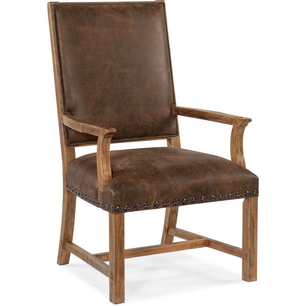Additional view of Big Sky Host Chair in brown and medium wood tone, featuring antiqued nailheads finish and fixed arms.