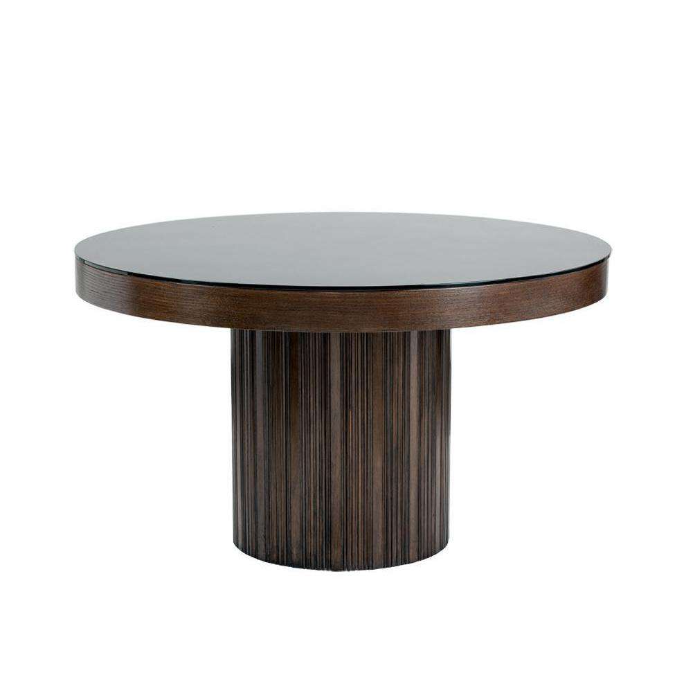Jakarta Round Dining Table, shown in dark brown and black with wood, glass, and a round pedestal base.