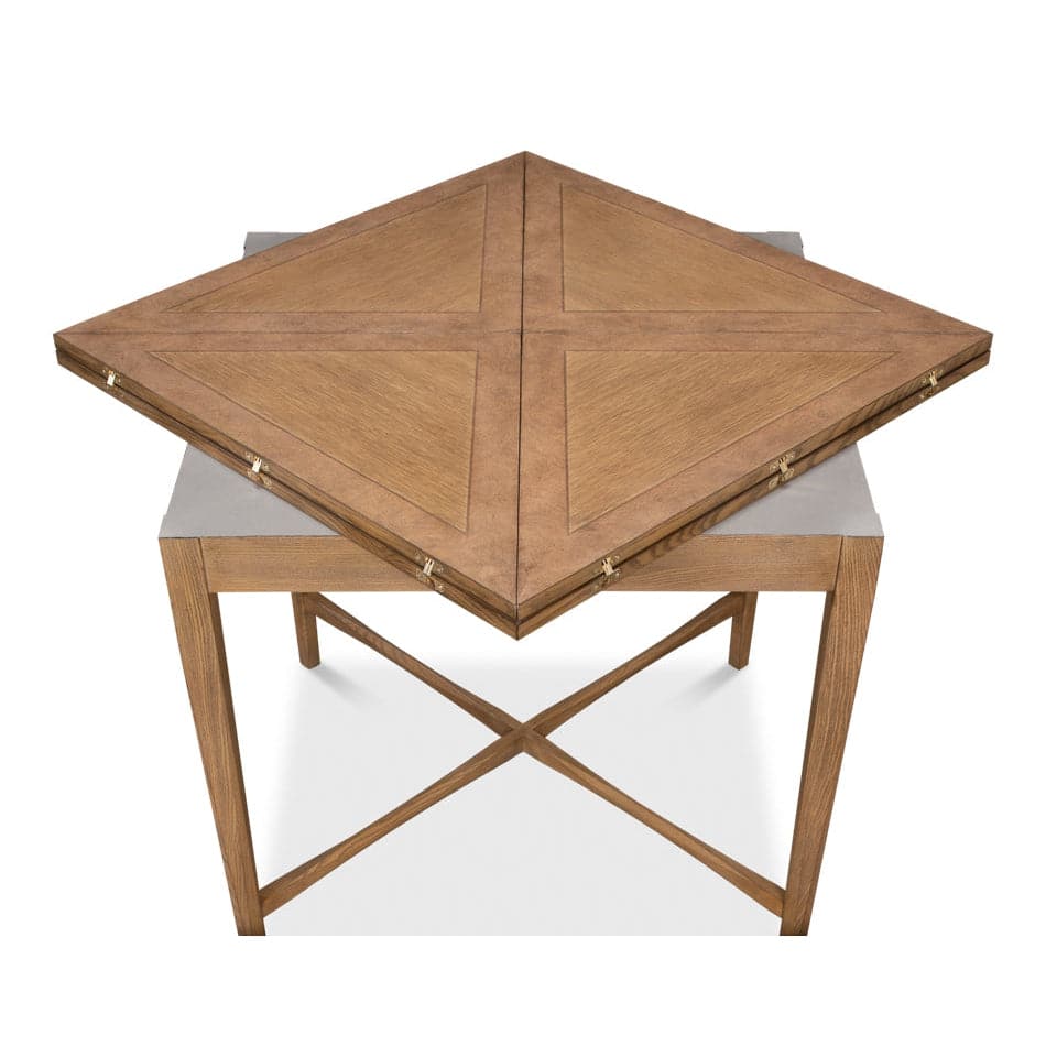 Additional view of Axiom Expanding Card Table in medium oak brown and warm honey brown.