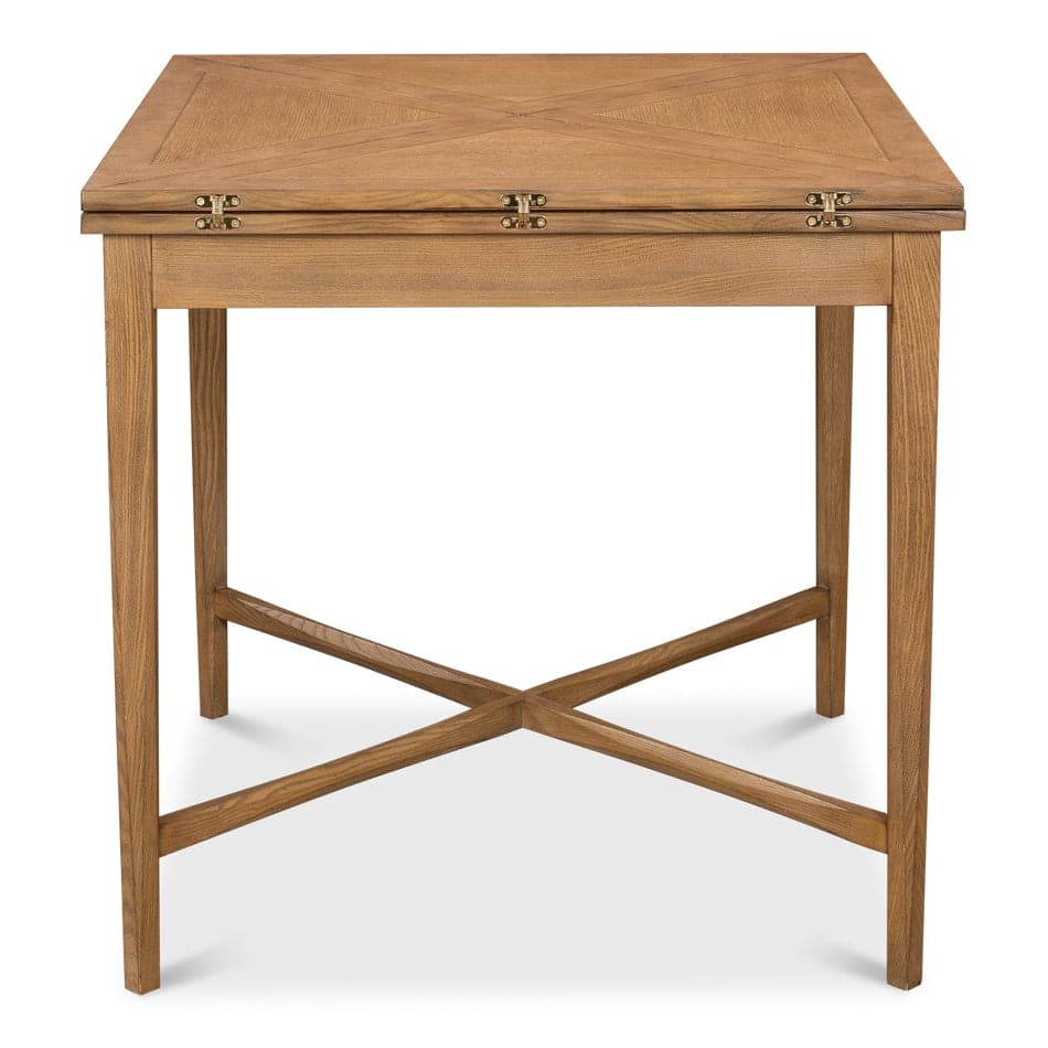 Axiom Expanding Card Table, shown in medium oak brown and warm honey brown with wood and brass hardware.