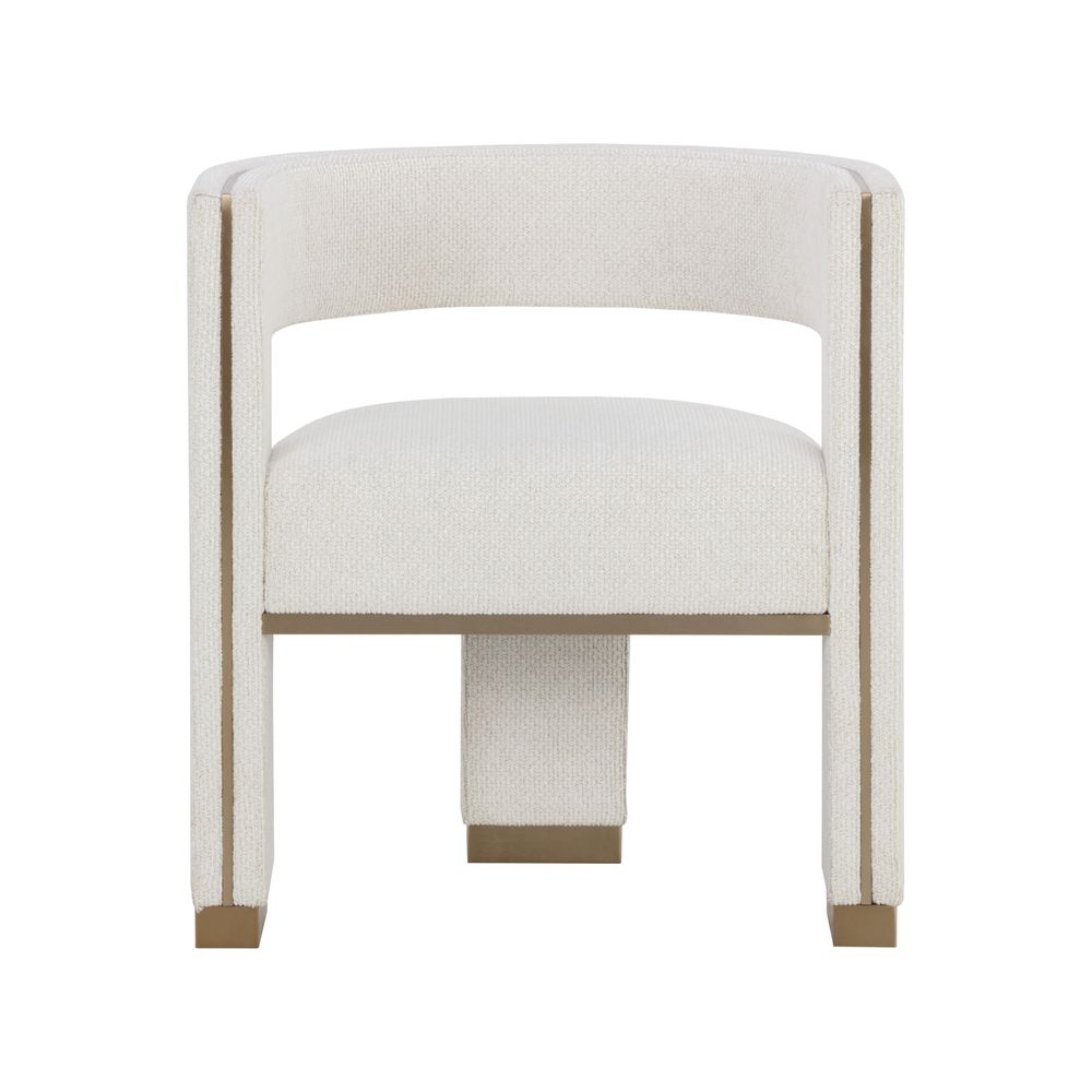 Adamina Dining Armchair, shown in off-white and cream with textured bouclé-look performance fabric and metal.