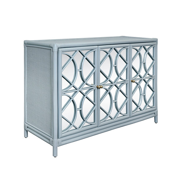 Aria Three Door Decorative Mirror Front Buffet In Rattan Painted Light Blue