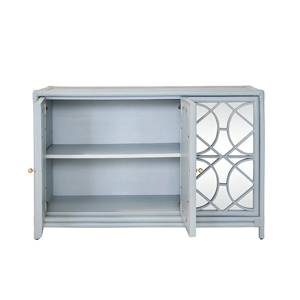 Aria Three Door Decorative Mirror Front Buffet In Rattan Painted Light Blue.