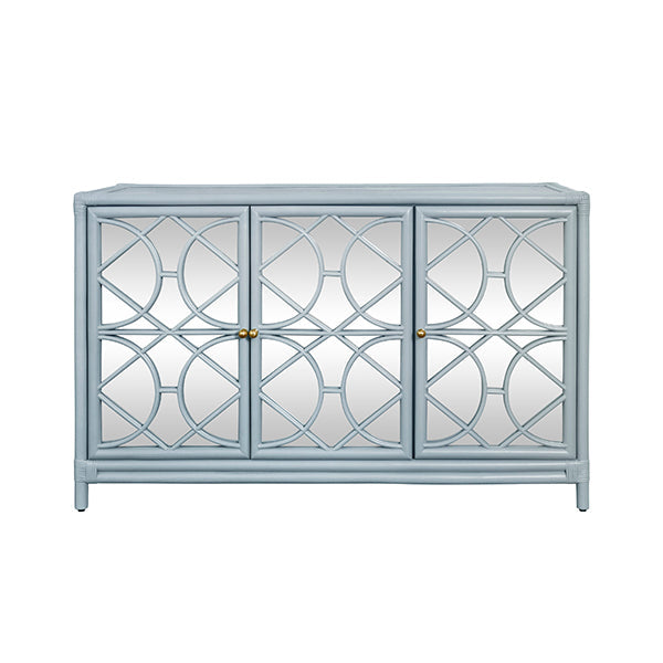 Aria Three Door Decorative Mirror Front Buffet In Rattan Painted Light Blue in light blue and soft powder blue.
