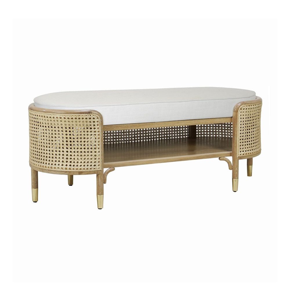 Benches Beale - Oval Bench In Cerused Oak And Natural Cane With White Linen Cushion