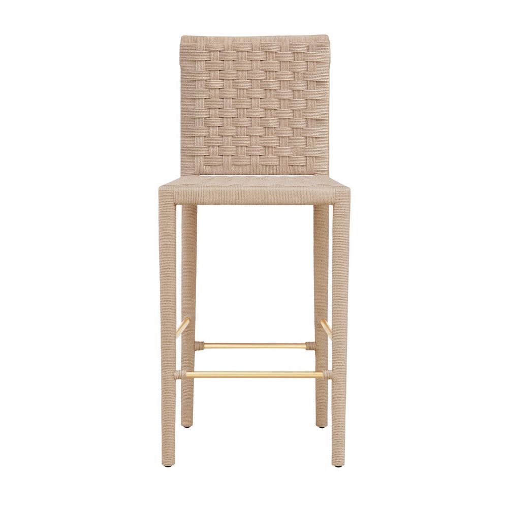 Bar & Counter Stools Burbank - Natural Rope Basketweave Pattern Bar Stool With Antique Brass Stretcher