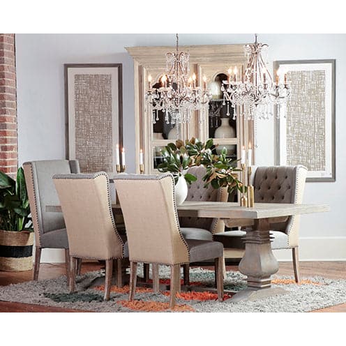 Additional view of Reilly Dining Chair in medium gray and natural taupe, featuring button tufting finish and armless.