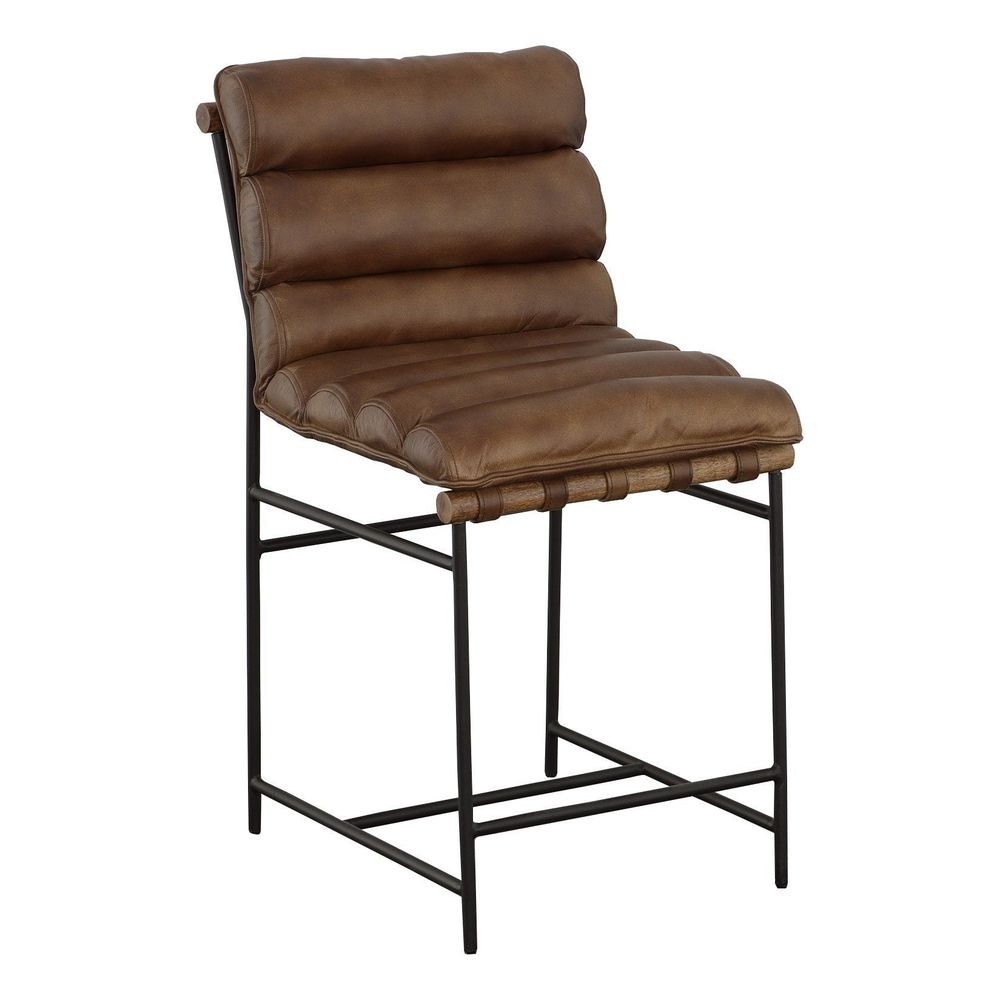 Luca Counter Stool, shown in brown and black with leather, metal, and a counter-height seat.