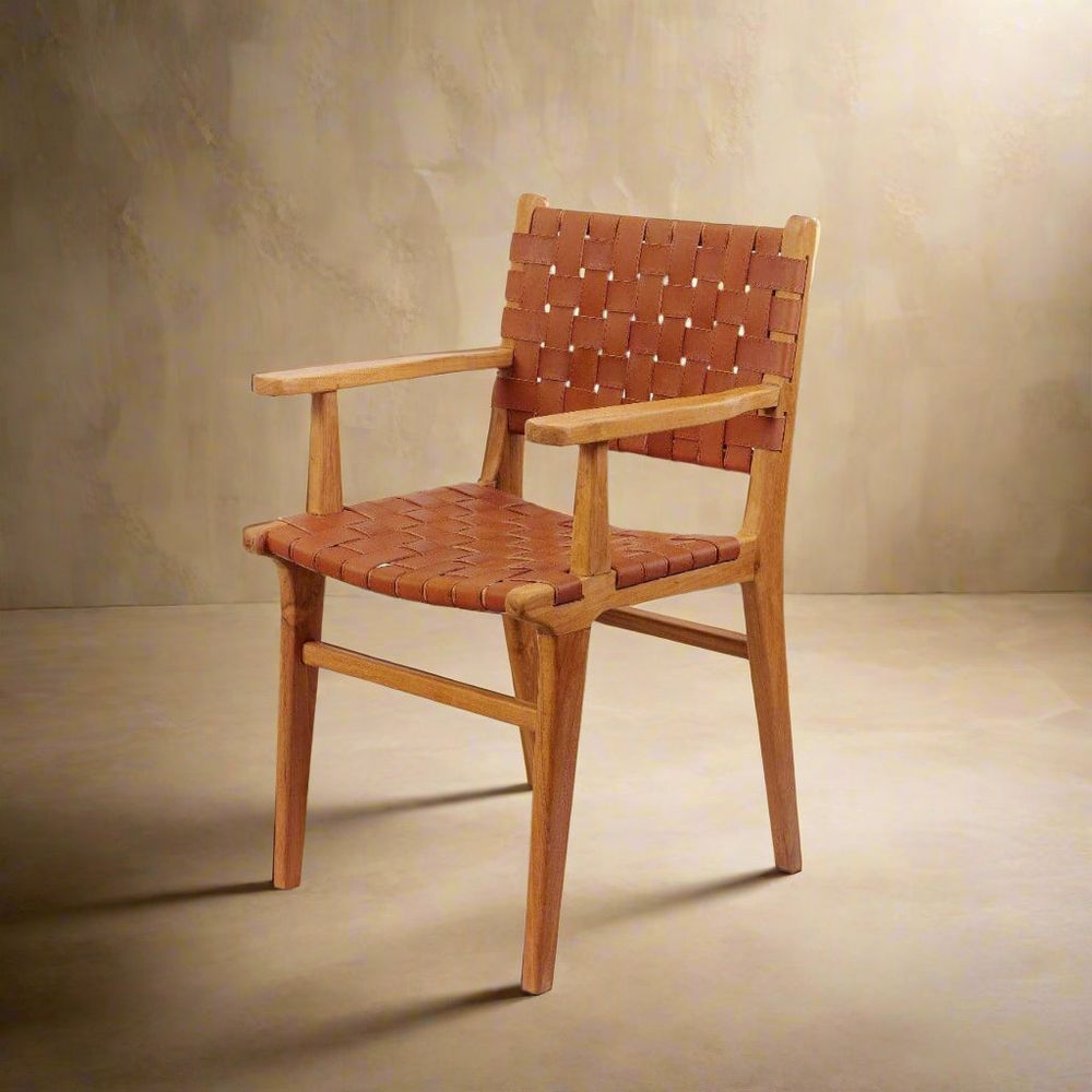 Cahyo Woven Leather Dining Armchair-France & Son-FL1016DBRN-Dining ChairsBrown-1-France and Son