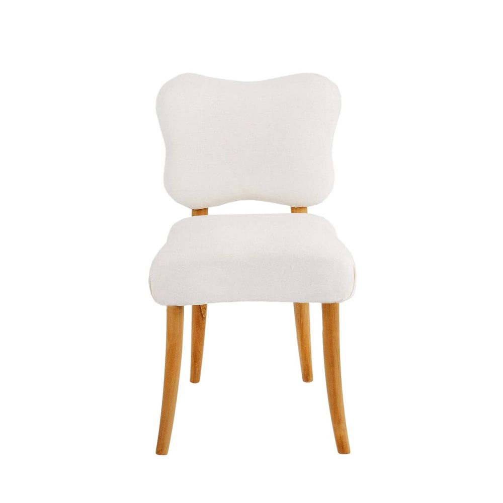 Charlotte Dining Chair, shown in off-white and natural light wood with upholstery fabric, wood, and armless open sides.