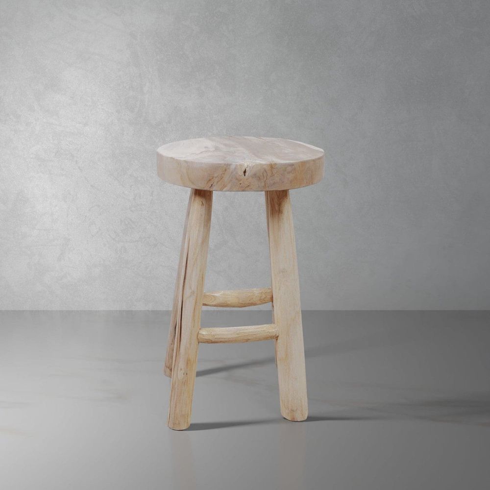 Kiran Teak Wood Stool-France & Son-FL1129-Bar StoolsDining Stool-1-France and Son