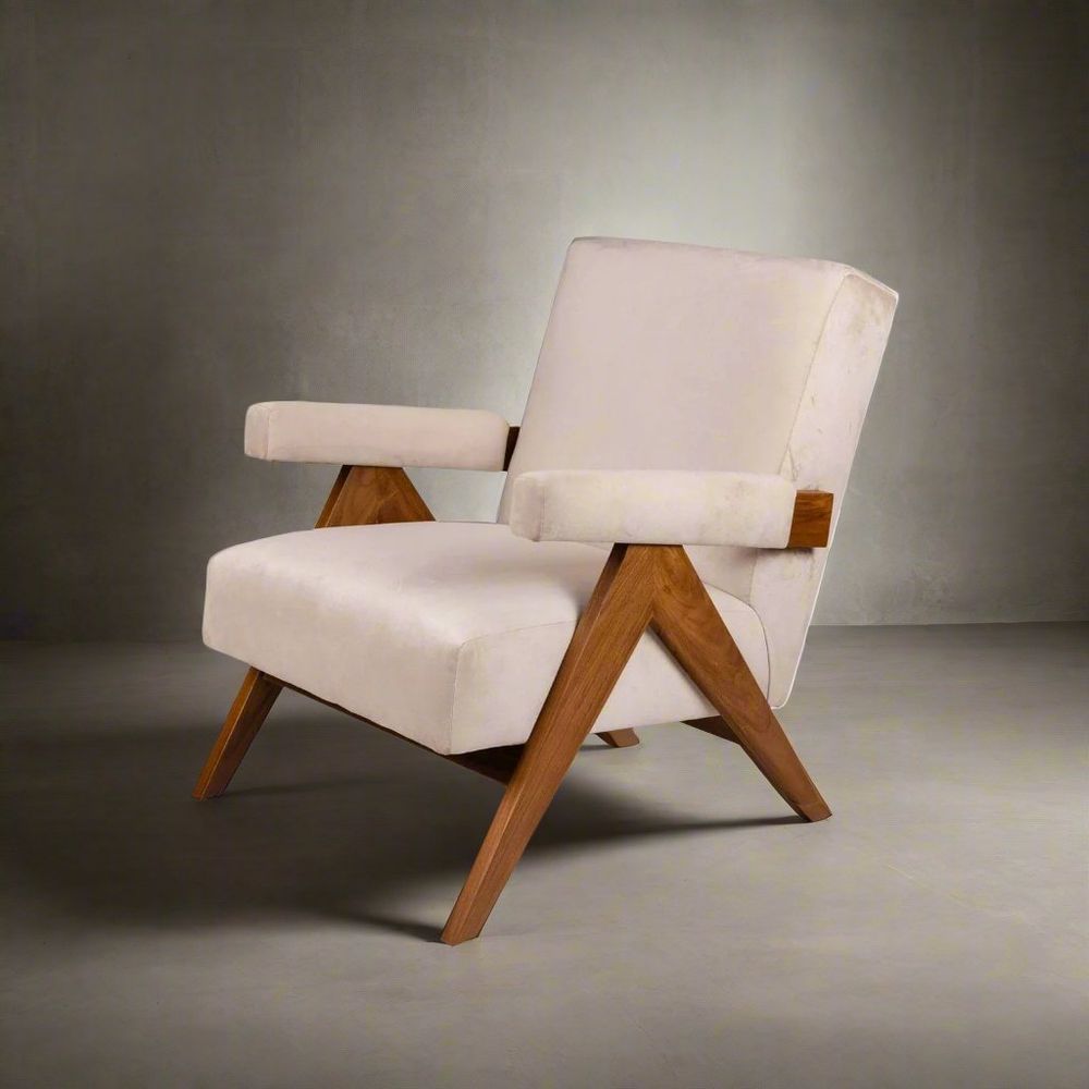 Jeanneret Upholstered Lounge Chair-France & Son-FL1322BGE-701-Lounge ChairsBeige Velvet-11-France and Son