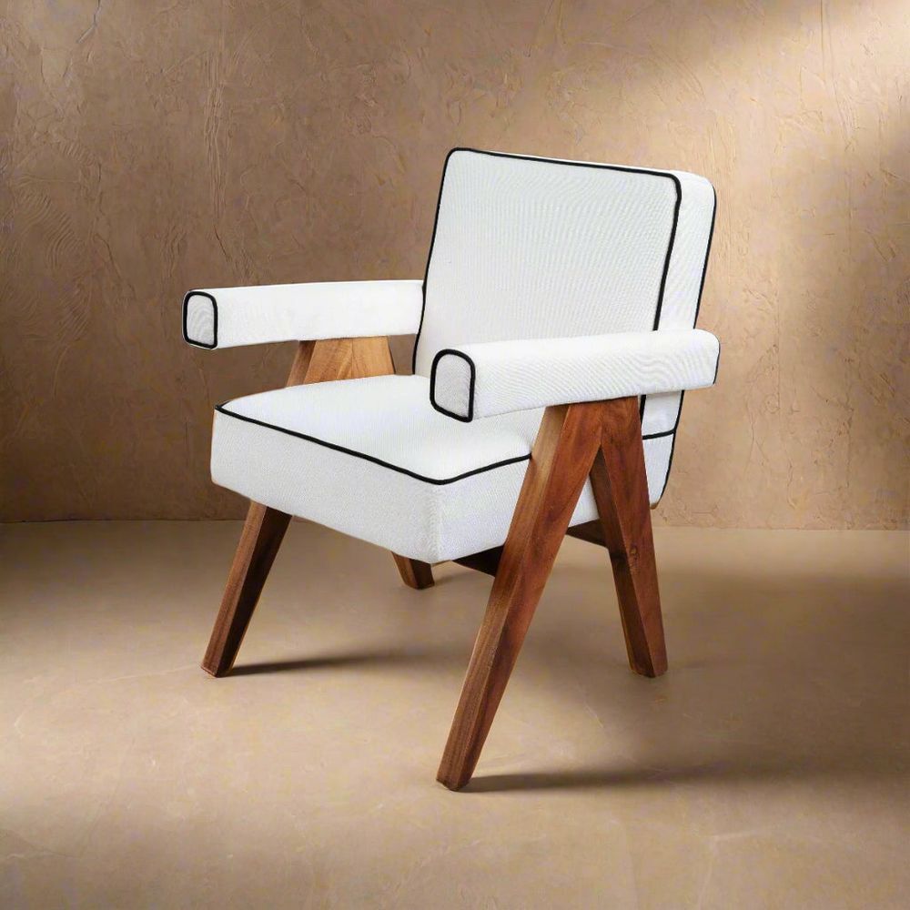 Jeanneret Accent Armchair - Upholstered w/ Piping-France & Son-FL1324BGEPIP-Dining ChairsSingle-1-France and Son