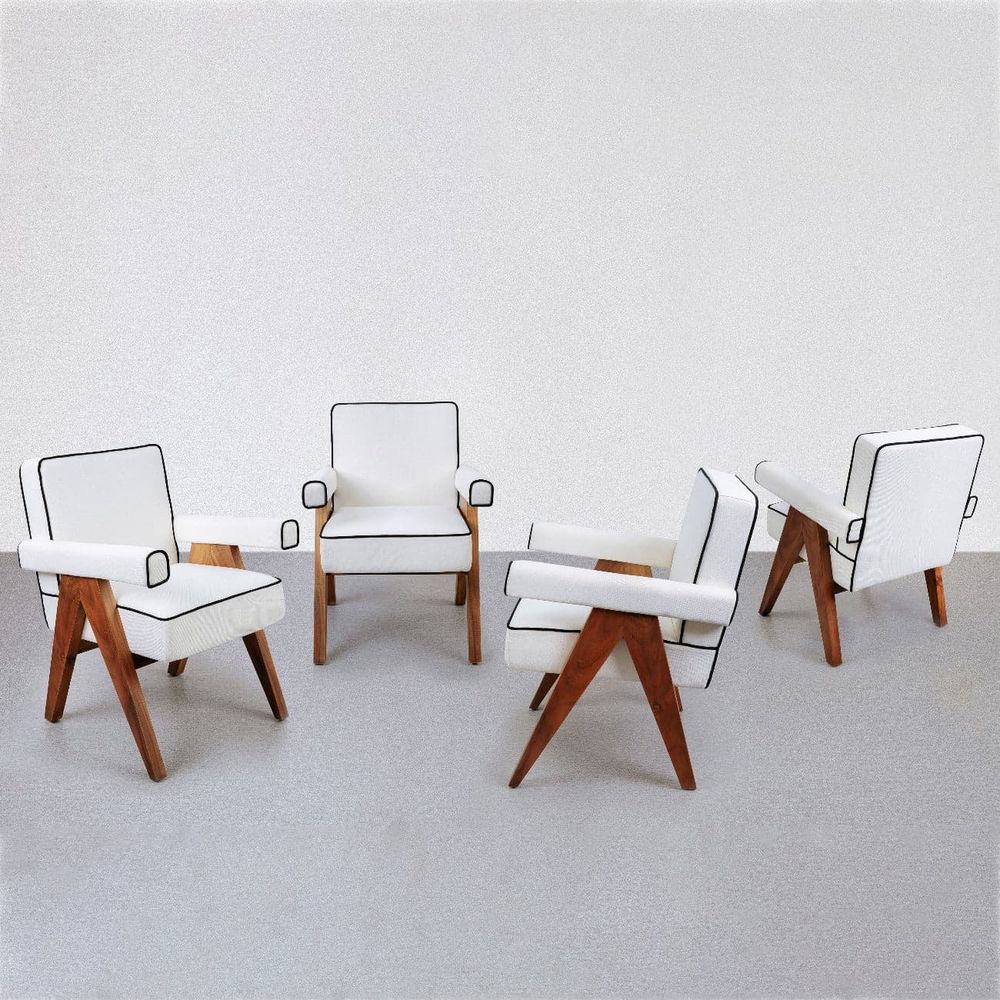 Jeanneret Accent Armchair - Upholstered w/ Piping-France & Son-FL1324BGEPIP-2pc-Dining ChairsSet of 2-2-France and Son